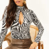 Olalook Women's Zebra Black Roba Decollete Lycra Knitted Viscose Blouse