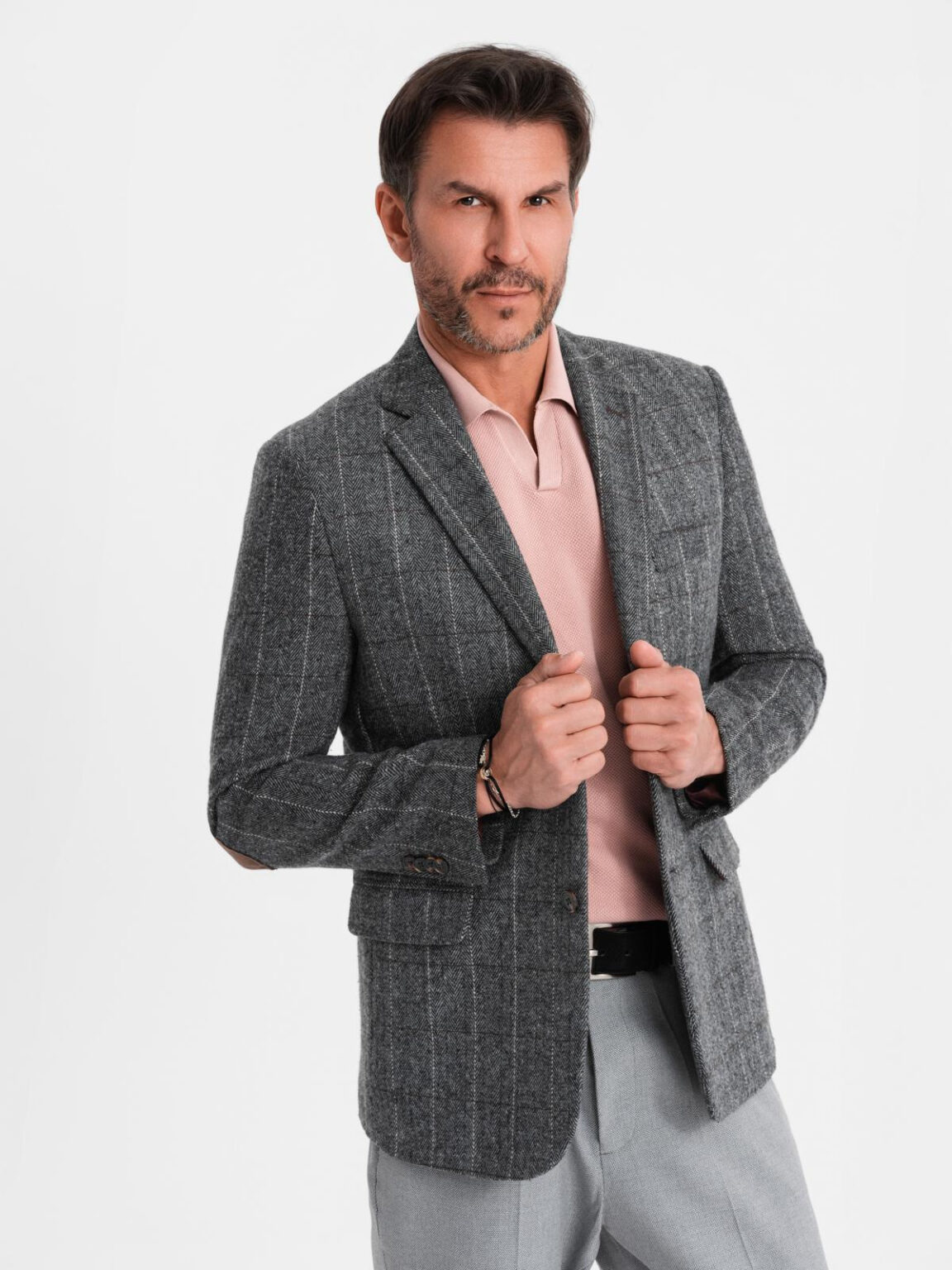 Ombre Elegant men's plaid blazer with wool blend - grey