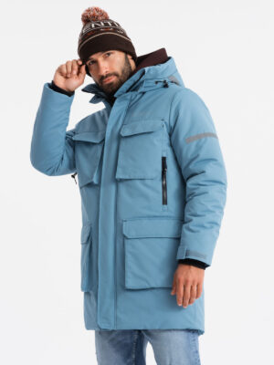 Ombre Insulated long men's jacket with reflective elements - blue