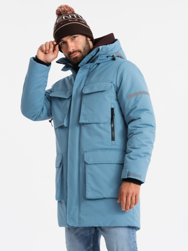 Ombre Insulated long men's jacket with reflective elements - blue