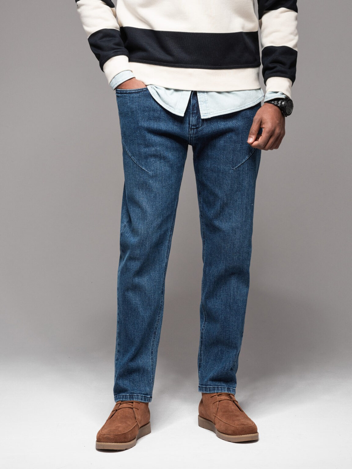Ombre Men's CARROT FIT denim pants with decorative darts - dark blue
