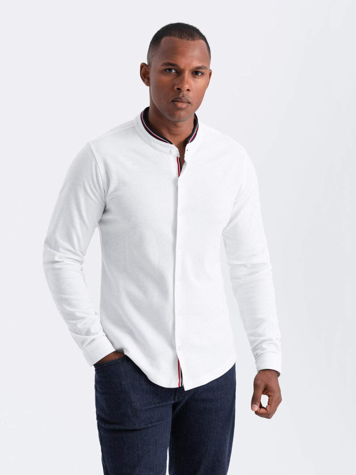 Ombre Men's SLIM FIT cotton shirt with stand-up collared colored stripes - white