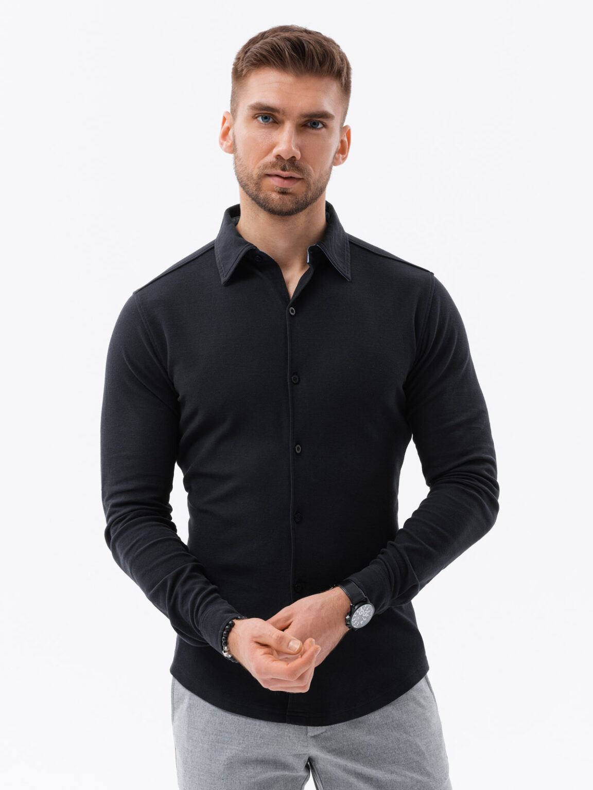 Ombre Men's SLIM FIT long sleeve knit shirt - black