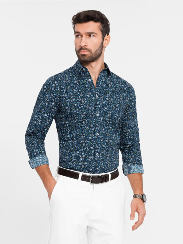 Ombre Men's SLIM FIT patterned cotton shirt - dark blue