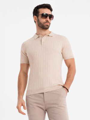 Ombre Men's SLIM FIT viscose vertical striped polo shirt - beige Ombre Men's SLIM FIT viscose vertical striped polo shirt - beige