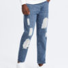 Ombre Men's TAPERED FIT denim pants with holes - dark blue