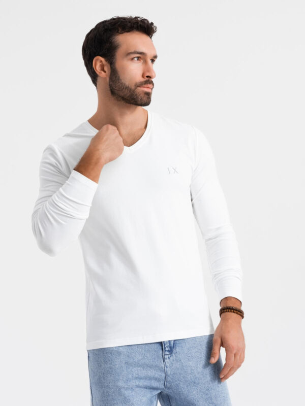 Ombre Men's V-neck SLIM FIT longsleeve with elastane and print - white