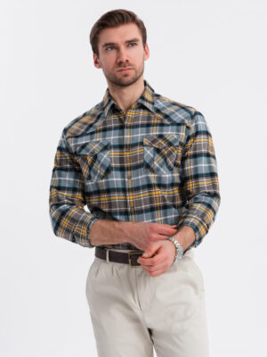 Ombre Men's checkered flannel shirt with pockets - gray-yellow