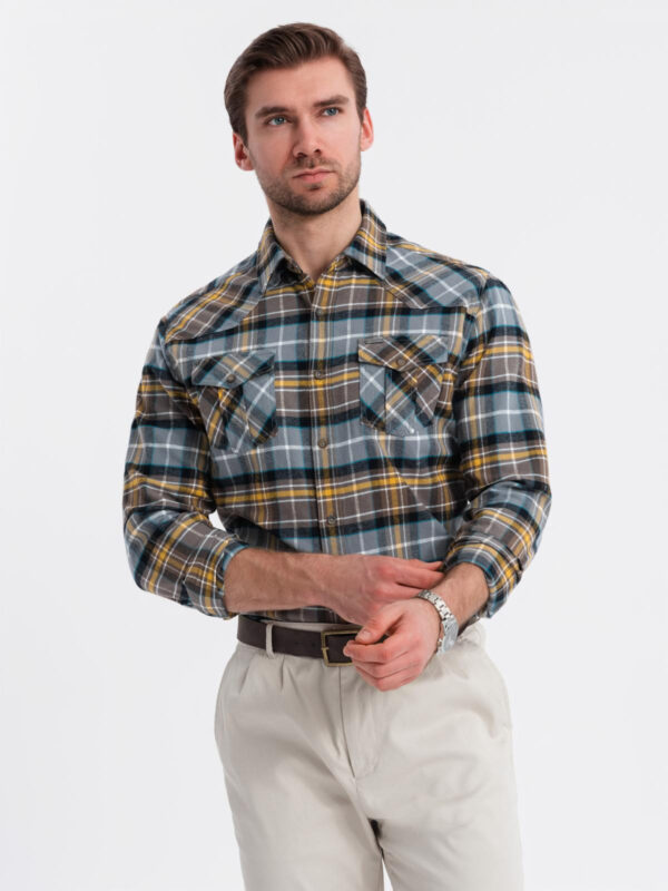 Ombre Men's checkered flannel shirt with pockets - gray-yellow