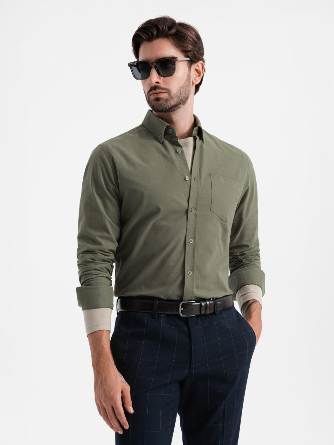 Ombre Men's cotton REGULAR FIT shirt with pocket - khaki