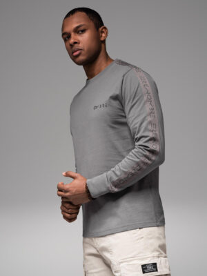 Ombre Men's cotton U-neck longsleeve with piping and chest print - grey