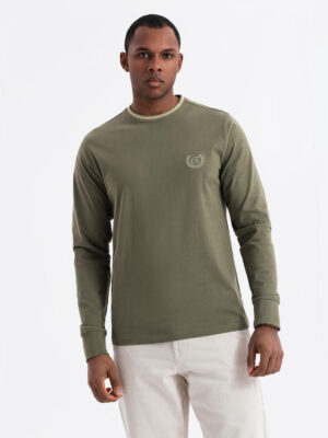 Ombre Men's cotton longsleeve with U neckline with stripes and embroidery - olive