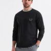 Ombre Men's cotton longsleeve with striped U neckline and embroidery - black