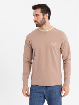 Ombre Men's cotton longsleeve with striped U neckline and embroidery - brown Ombre Men's cotton longsleeve with striped U neckline and embroidery - brown