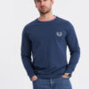 Ombre Men's cotton longsleeve with striped U neckline and embroidery - dark blue