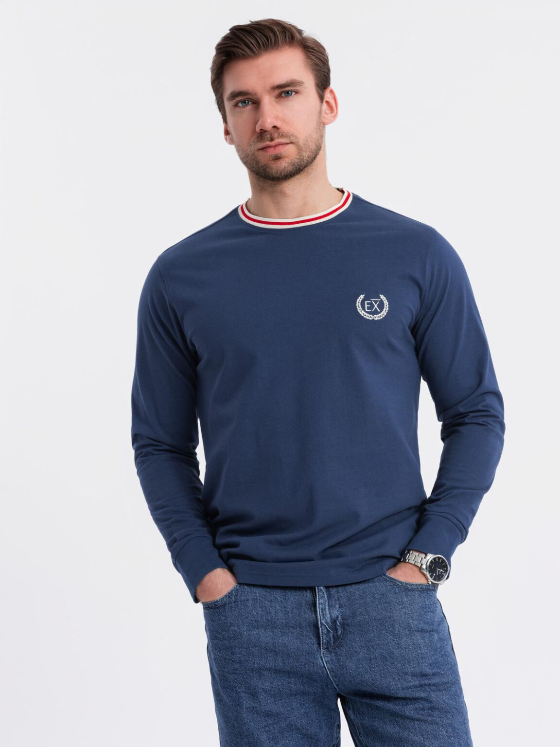 Ombre Men's cotton longsleeve with striped U neckline and embroidery - dark blue