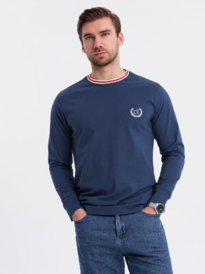 Ombre Men's cotton longsleeve with striped U neckline and embroidery - dark blue