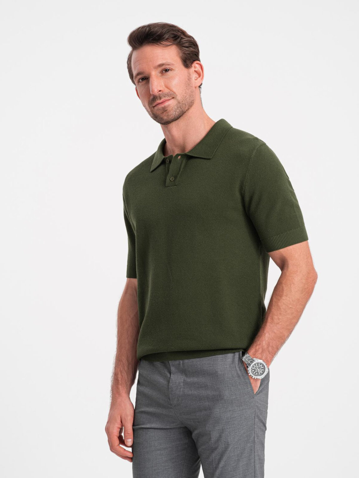 Ombre Men's cotton structured knit polo shirt - olive