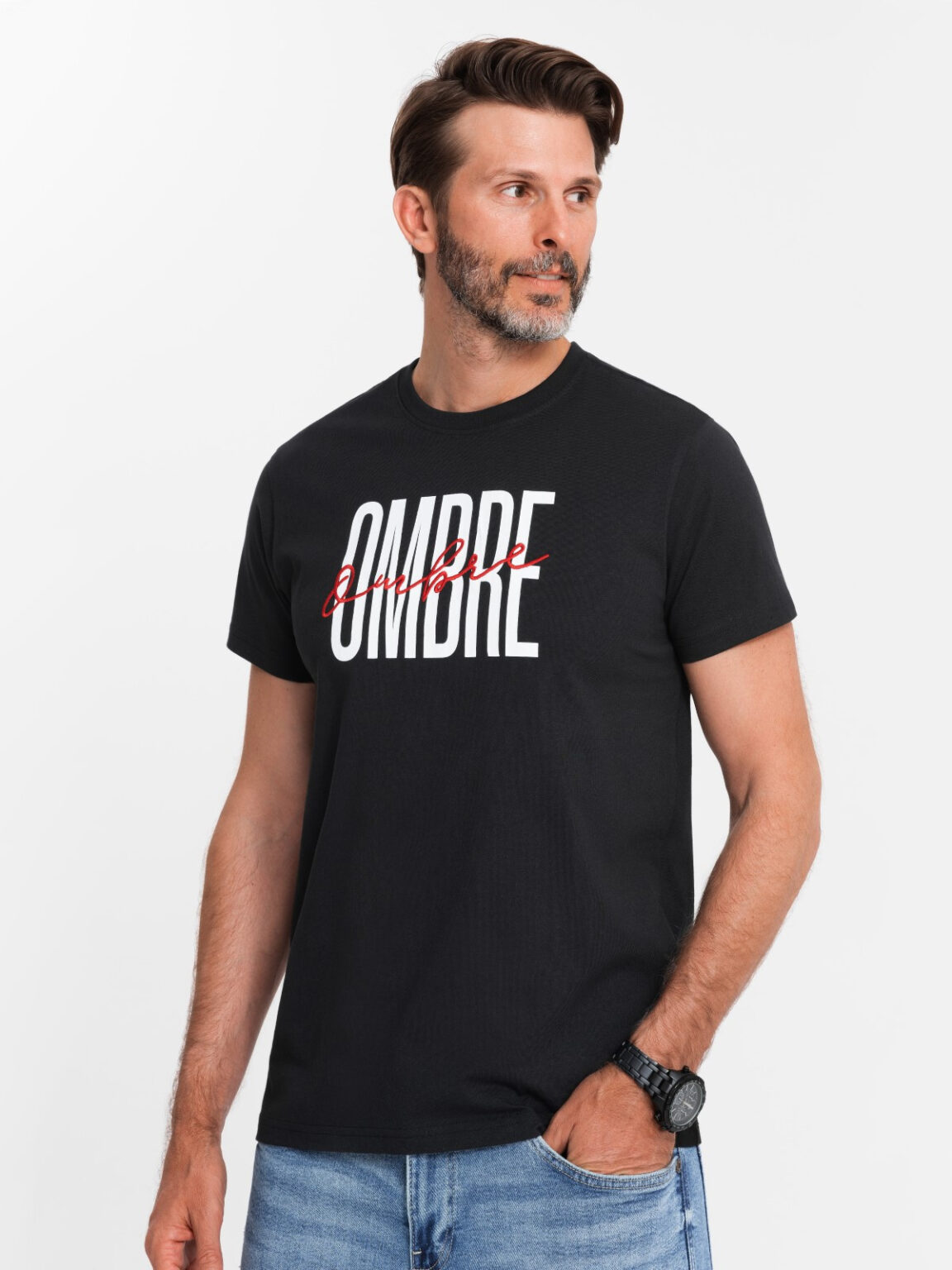 Ombre Men's cotton t-shirt with double logo - black