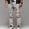 Ombre Men's denim jogger pants with rips and zippers - gray