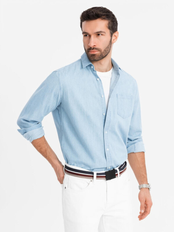 Ombre Men's denim shirt with embroidered pocket - light blue