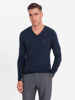 Ombre Men's elegant BASIC V-neck sweater with viscose - navy blue
