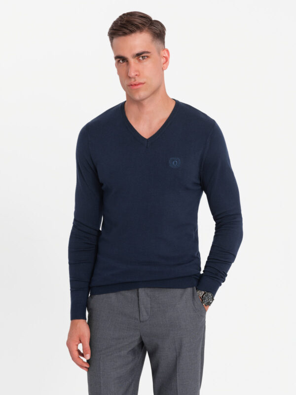 Ombre Men's elegant BASIC V-neck sweater with viscose - navy blue