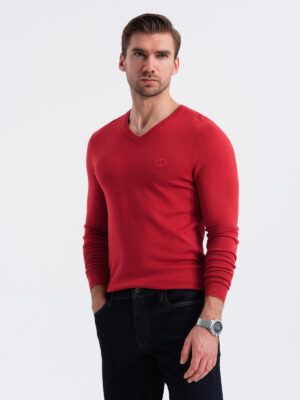 Ombre Men's elegant V-neck BASIC sweater with viscose - red Ombre Men's elegant V-neck BASIC sweater with viscose - red