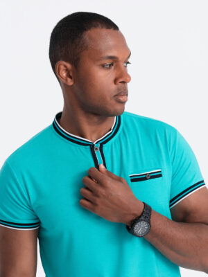 Ombre Men's henley t-shirt with decorative ribbing - turquoise