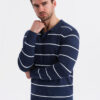 Ombre Men's horizontal striped polo longsleeve with viscose - navy blue and white