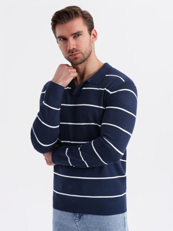 Ombre Men's horizontal striped polo longsleeve with viscose - navy blue and white