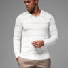 Ombre Men's horizontal striped polo longsleeve with viscose - white and beige