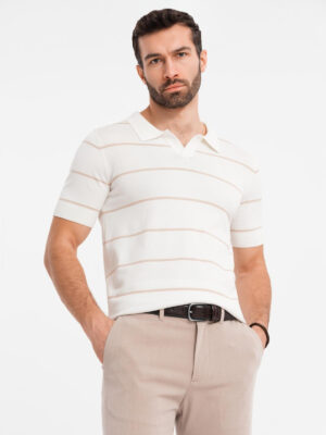 Ombre Men's horizontal striped viscose polo shirt - white and beige Ombre Men's horizontal striped viscose polo shirt - white and beige