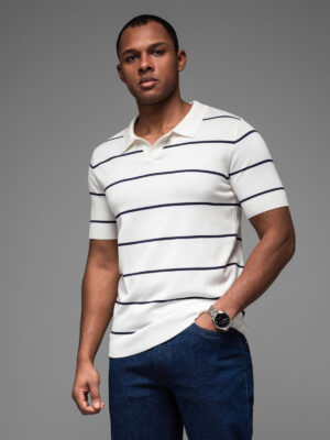 Ombre Men's horizontal striped viscose polo shirt - white and navy