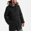 Ombre Men's insulated long parka jacket with flared bottom - black