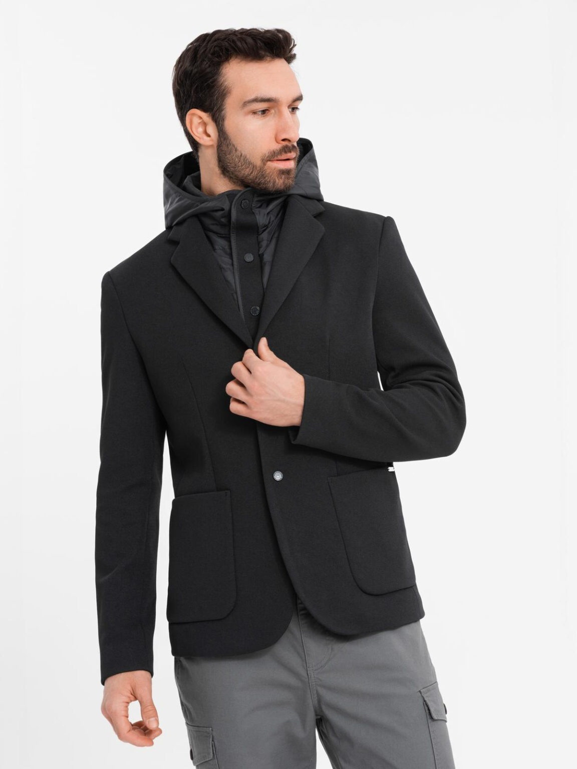 Ombre Men's jacket with high collar and hood - black