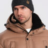 Ombre Men's knitted beanie cap with patch - black melange