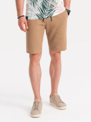Ombre Men's knitted shorts with decorative elastic waistband - light brown