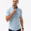Ombre Men's knitted slim fit shirt with short sleeves and collar - blue
