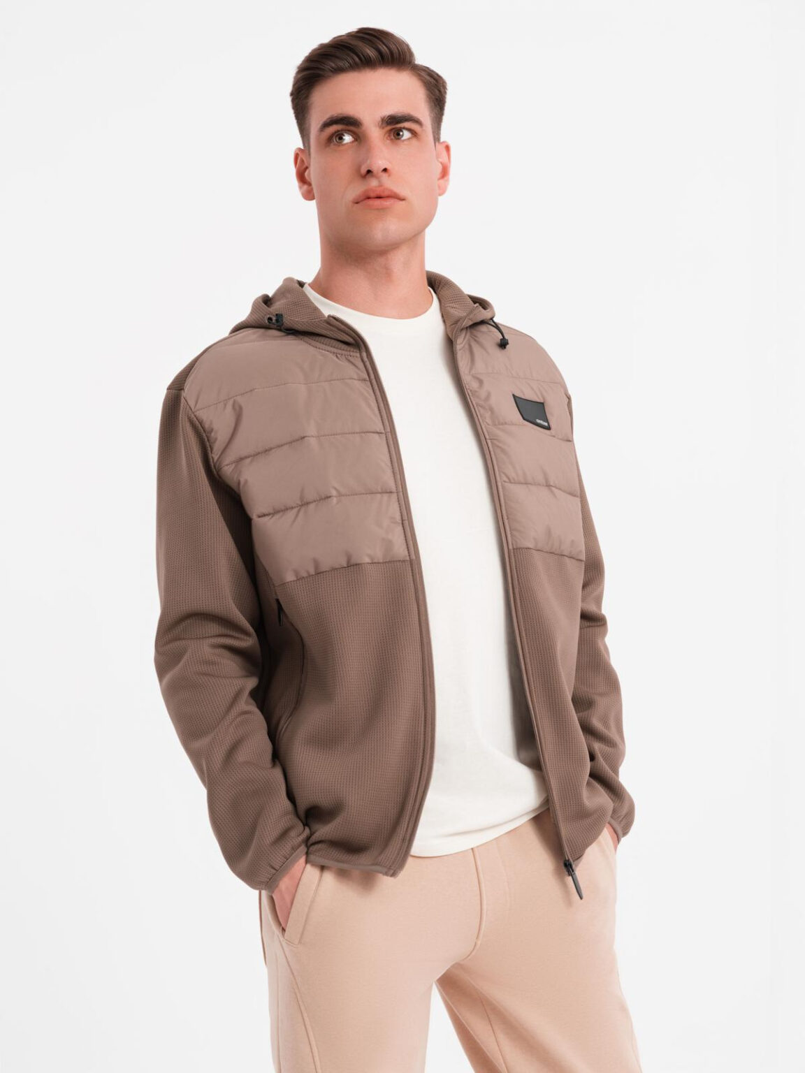 Ombre Men's lightweight jacket of combined materials with hood and decorative quilting - light brown