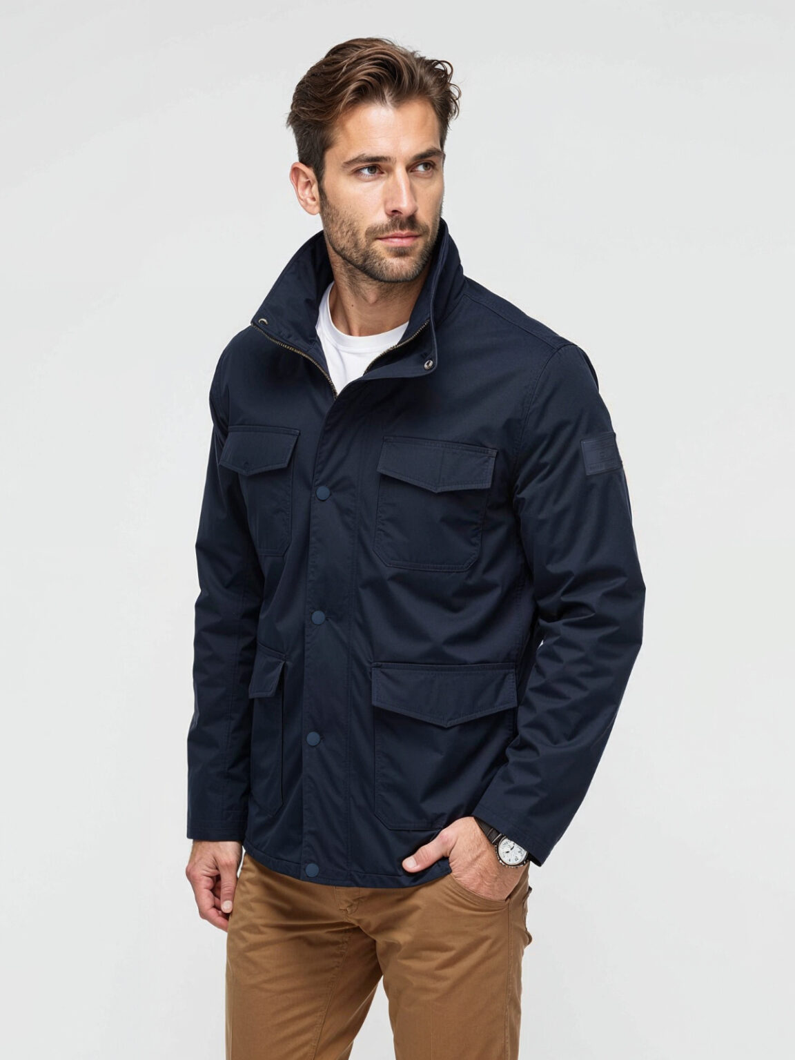 Ombre Men's lightweight jacket with high collar and pockets - navy blue
