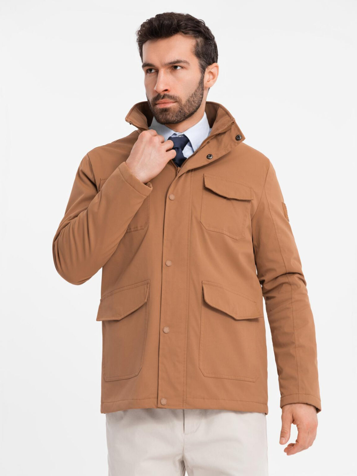 Ombre Men's lightweight jacket with pockets and high collar - brown
