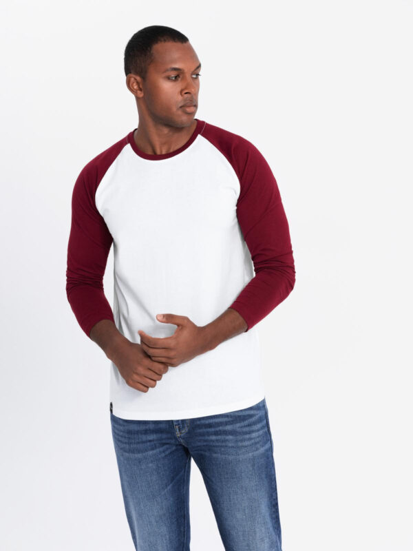 Ombre Men's longsleeve with contrasting raglan sleeves - white and maroon