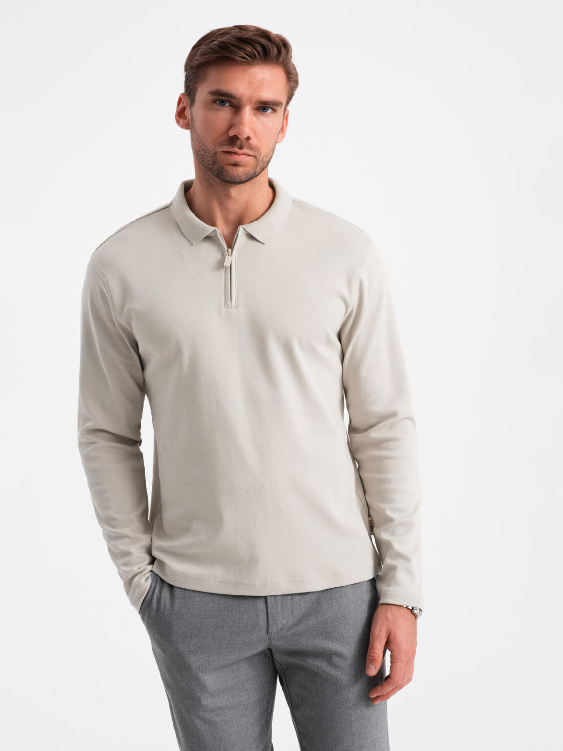 Ombre Men's longsleeve with zippered polo collar - ash