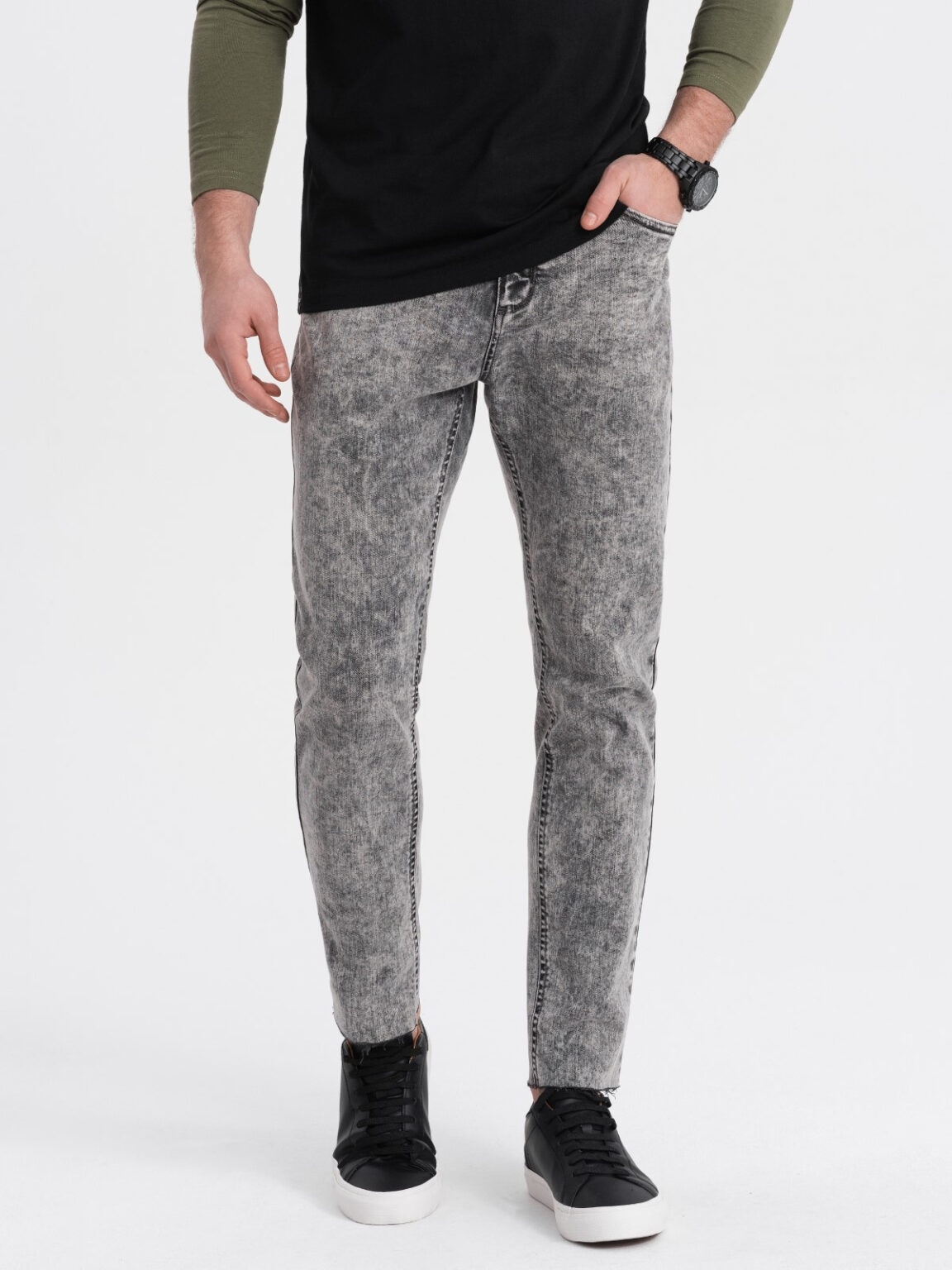 Ombre Men's marbled denim pants with raw-leg SLIM FIT - grey