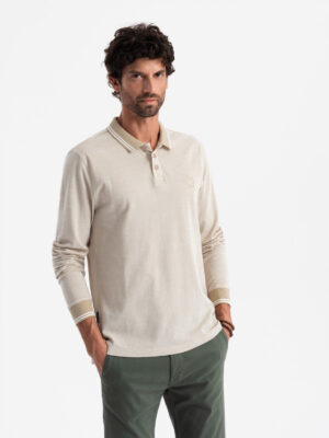 Ombre Men's melange polo longsleeve with embroidery - sand melange Ombre Men's melange polo longsleeve with embroidery - sand melange