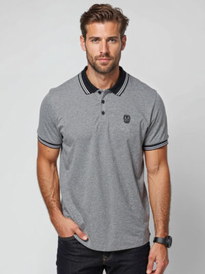 Ombre Men's melange polo shirt with striped collar - black Ombre Men's melange polo shirt with striped collar - black
