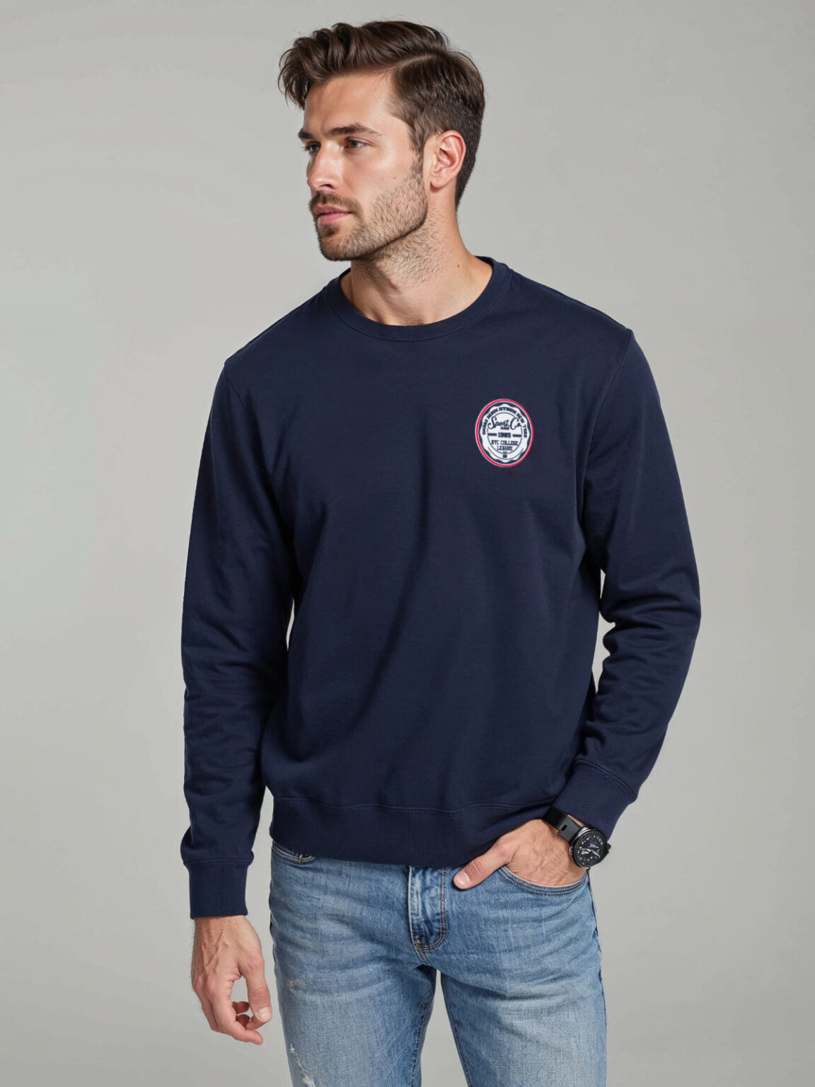 Ombre Men's non-stretch sweatshirt with college style patch - navy blue