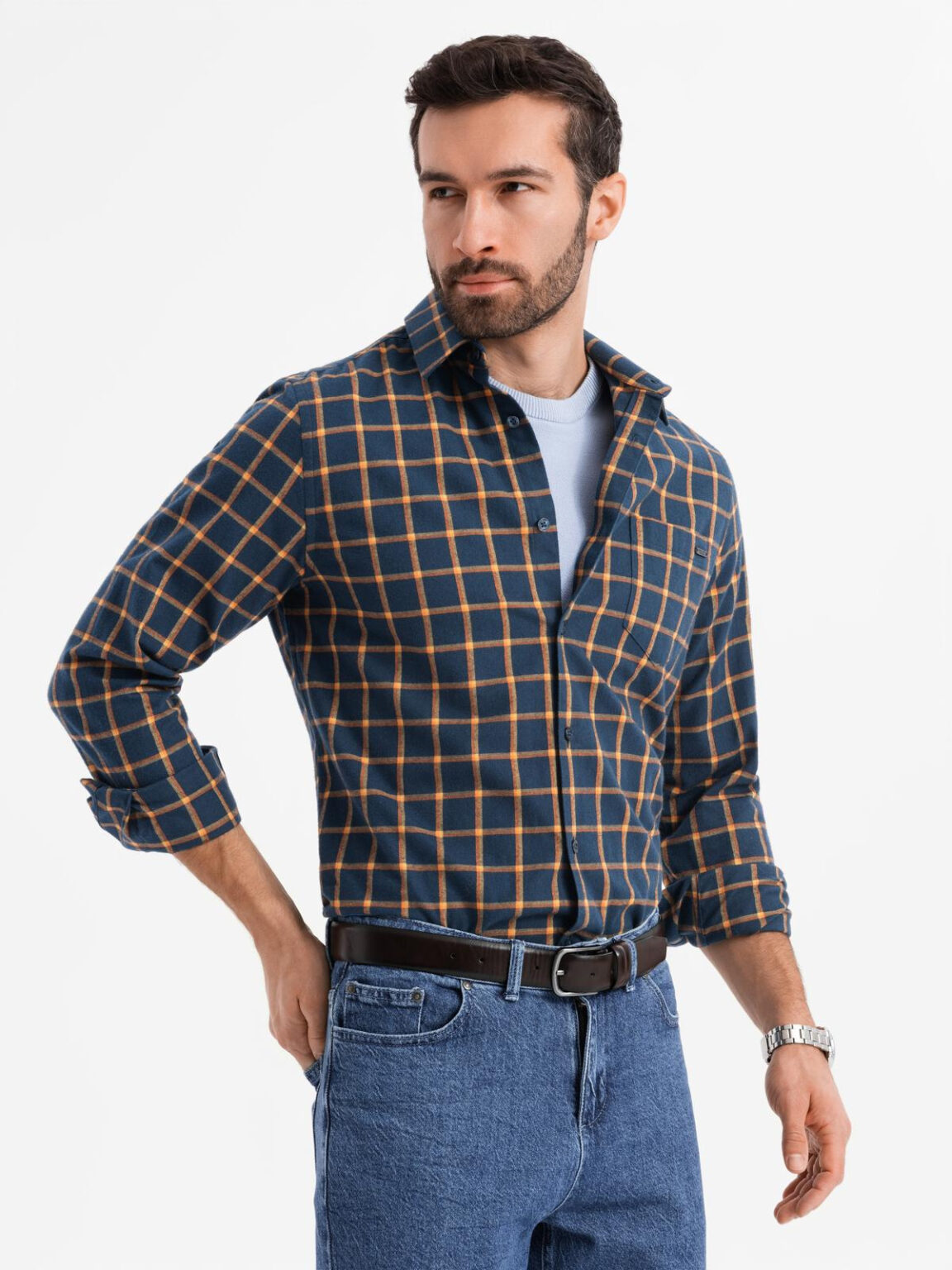 Ombre Men's plaid flannel shirt SLIM FIT - navy blue and orange