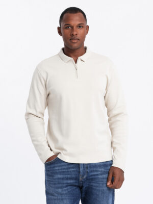 Ombre Men's polo longsleeve with zippered collar - cream Ombre Men's polo longsleeve with zippered collar - cream